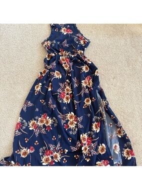 Navy Floral Maxi Dress with Red and Cream Blooms